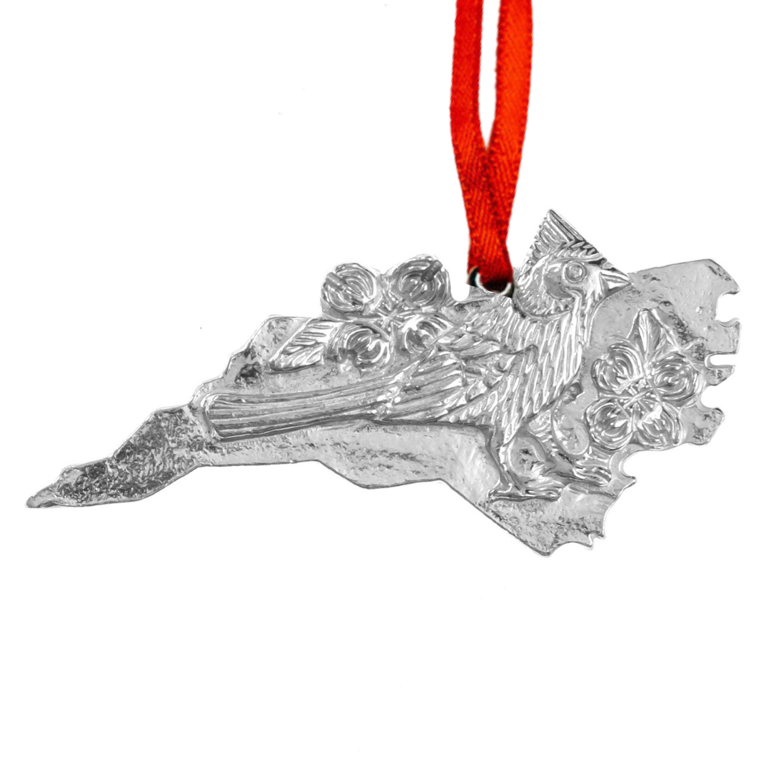 North Carolina Christmas Ornament - NC State Outline and Symbols - Dogwood - Cardinal