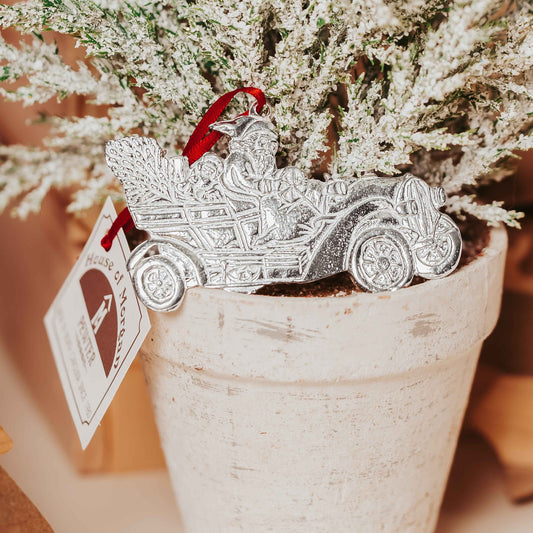 Fast Car Santa Ornament - Santa in a Vintage Car Christmas Ornament