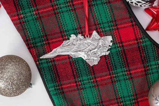 North Carolina Christmas Ornament - NC State Outline and Symbols - Dogwood - Cardinal