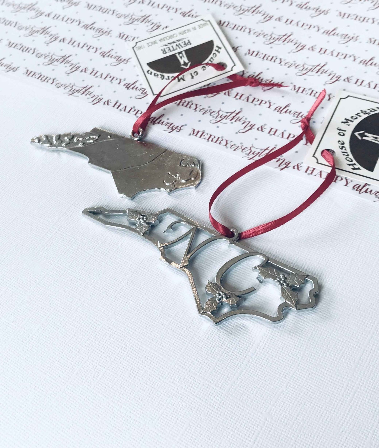 North Carolina Gifts - NC Holly Holiday Pewter Christmas Ornament