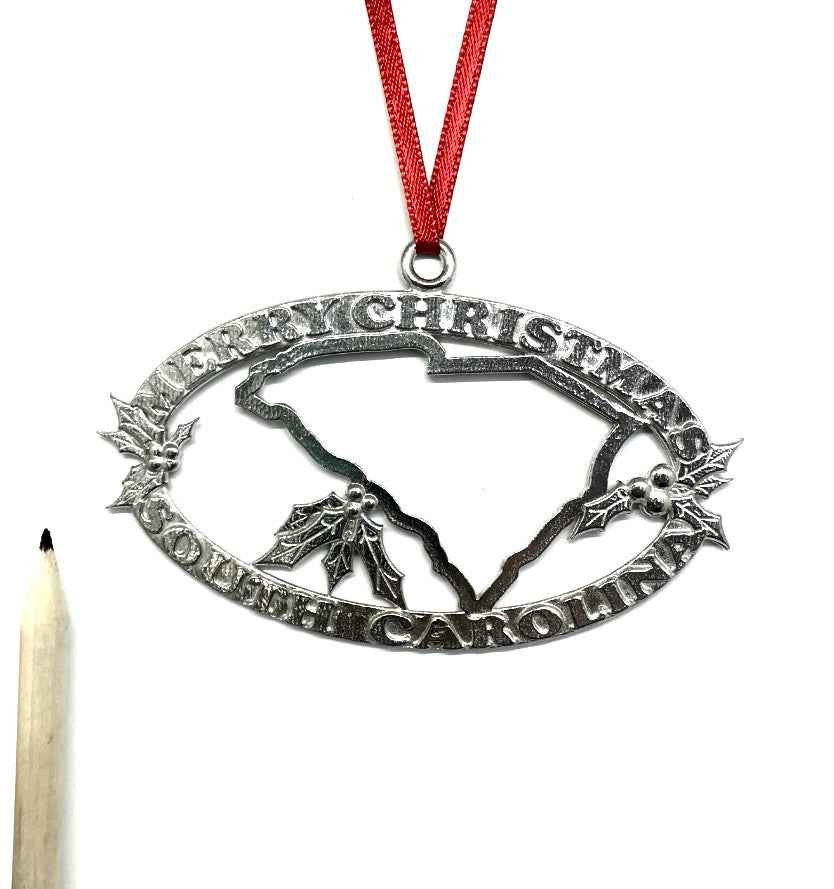 Merry Christmas South Carolina SC Christmas Holiday Ornament Pewter