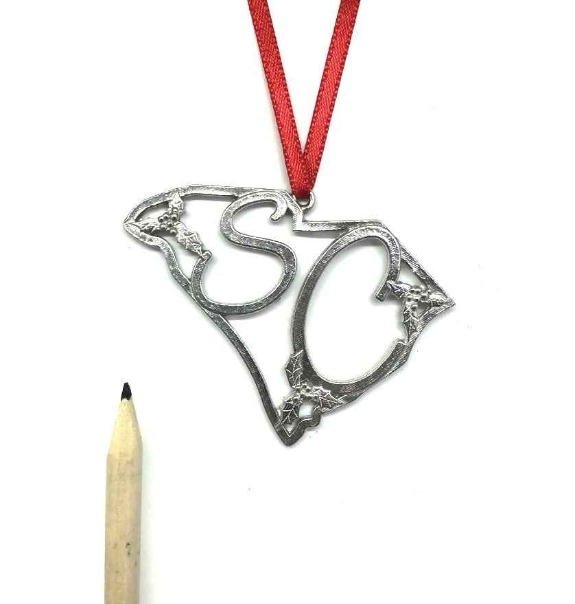 South Carolina SC Holly State Outline Keepsake Christmas Holiday Ornament Pewter