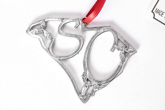 South Carolina SC Holly State Outline Keepsake Christmas Holiday Ornament Pewter