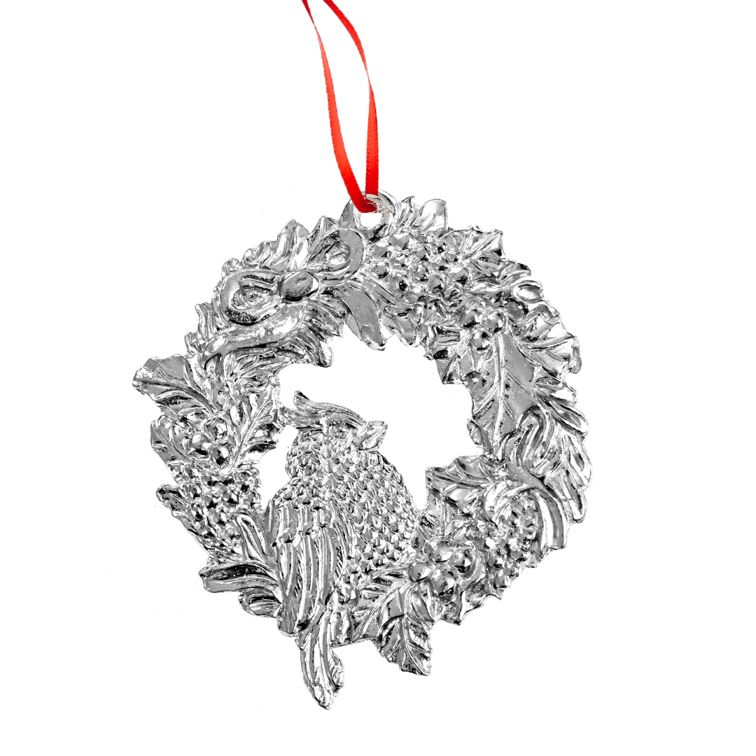 Silver Cardinal in Wreath Ornament