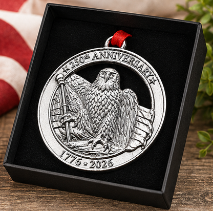 Silver anniversary ornament with eagle design, displayed in a black box with 'Handmade in the USA' label, against an American flag background.