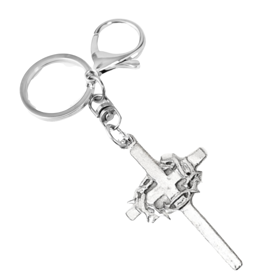 Silver Pewter Metal Cross with Thorns Keychain Top Gift Ideas - House of Morgan Pewter