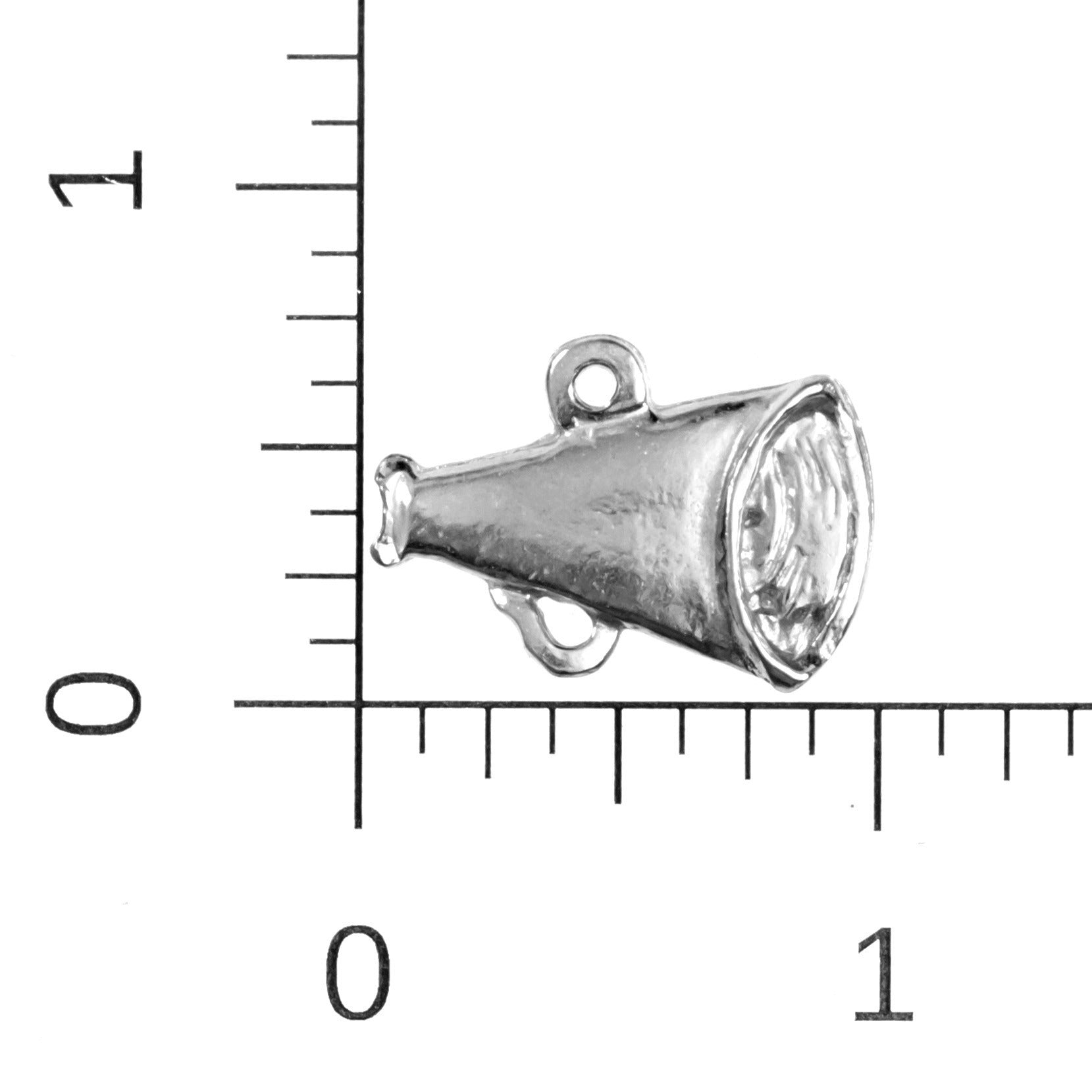 Silver megaphone charm next to a ruler for scale on a white background