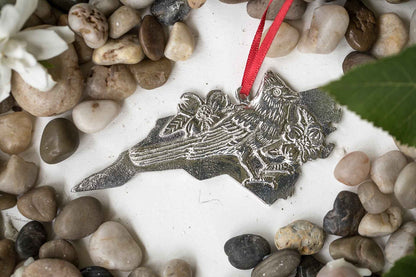 North Carolina Christmas Ornament - NC State Outline and Symbols - Dogwood - Cardinal