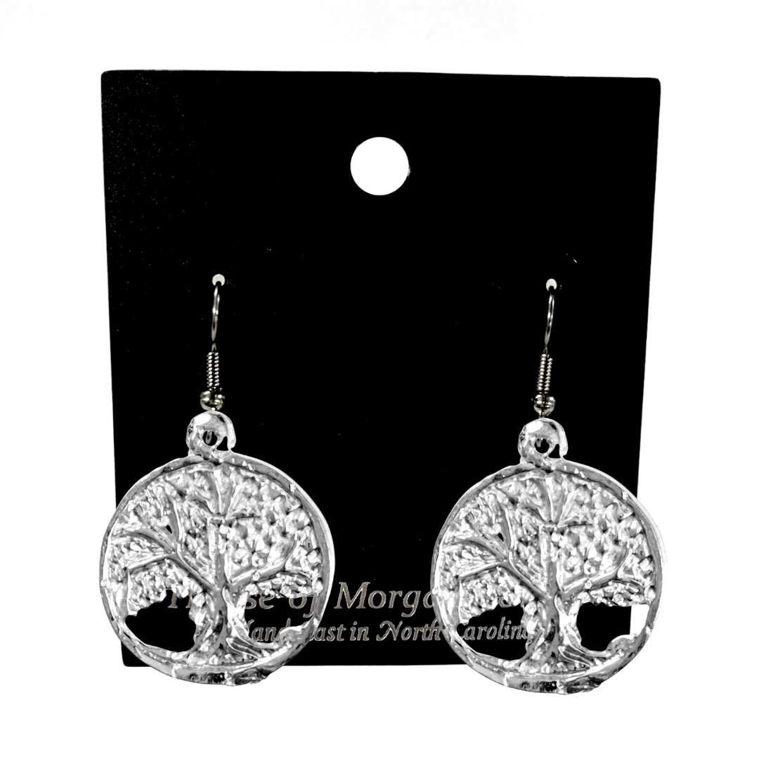 Silver Pewter Metal Tree of Life Circle with Leaves Earrings Top Gift Ideas - House of Morgan Pewter