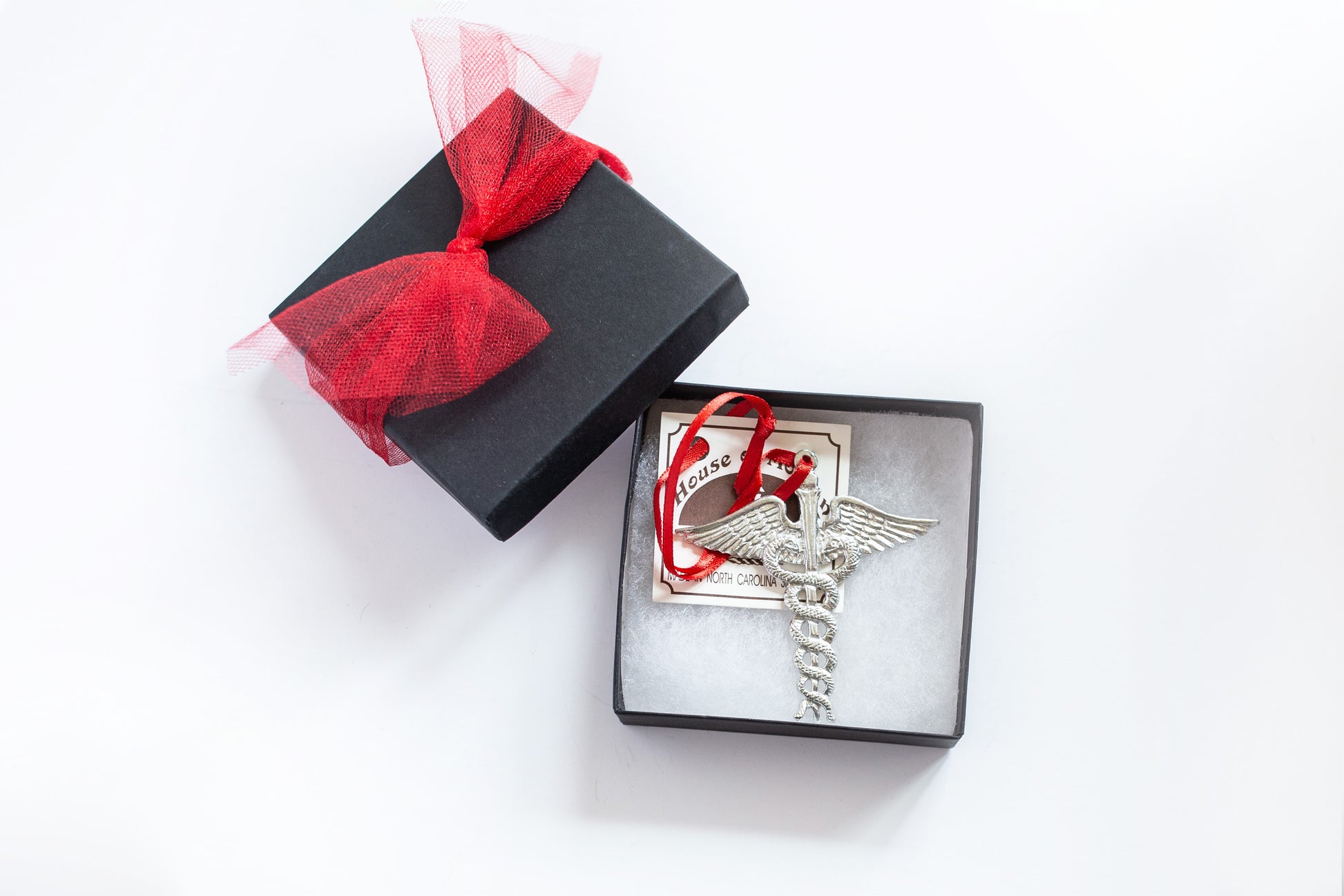 Caduceus Christmas Ornament in Black Gift Box