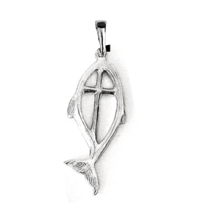 Silver fish-shaped pendant on a white background