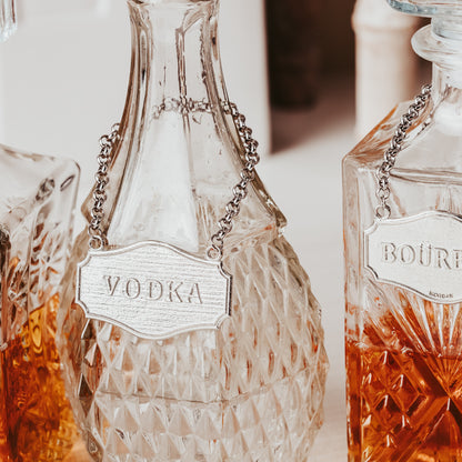Elegant Decanter Tags - Pewter Liquor Label - Bar Gift Sets - Custom Engraved Decanter Tag