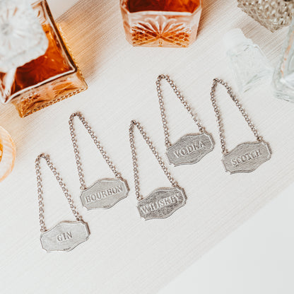Elegant Decanter Tags - Pewter Liquor Label - Bar Gift Sets - Custom Engraved Decanter Tag