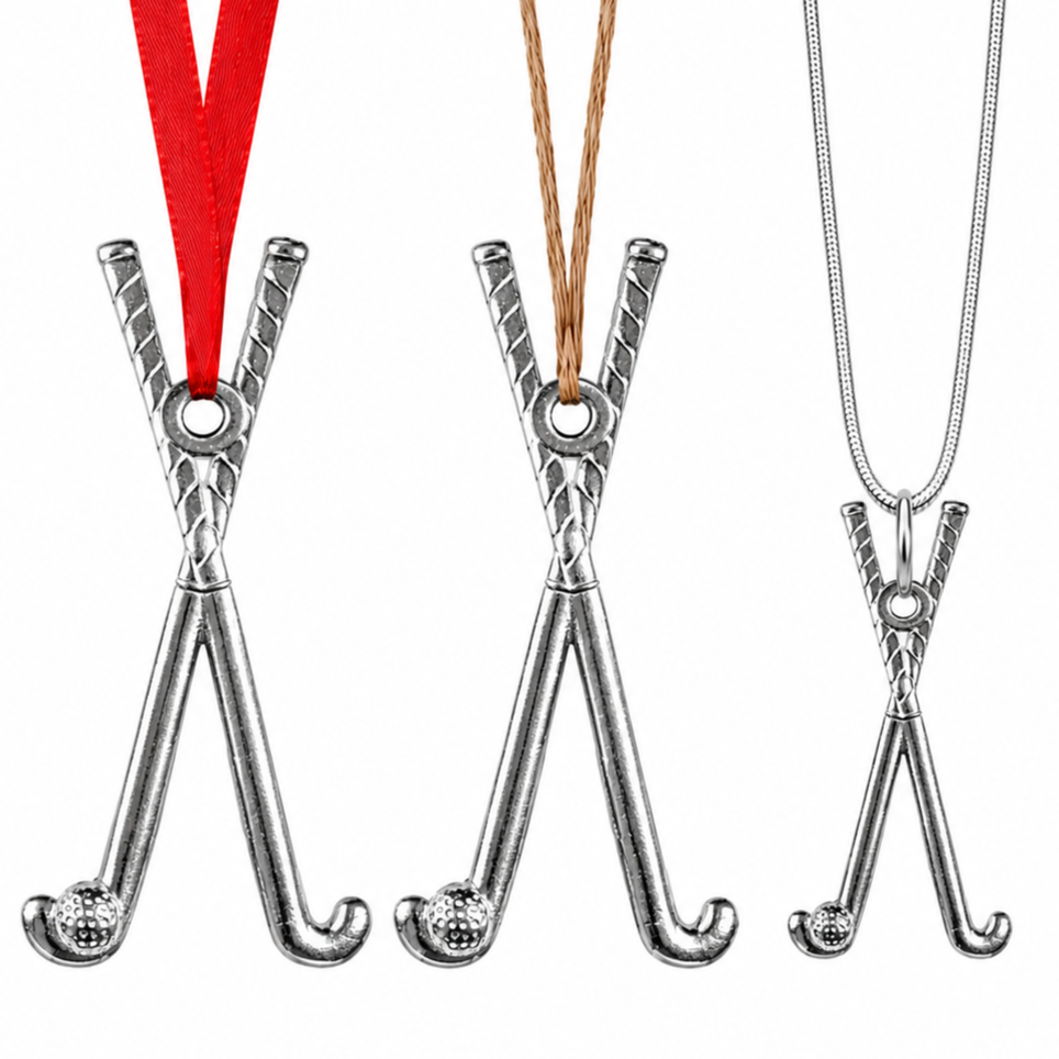 Three silver hockey stick pendants on red, brown, and beige cords against a white background.