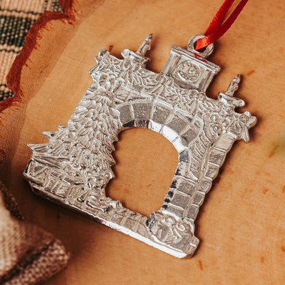 Silver Antique Fireplace with Stockings and Christmas Tree 