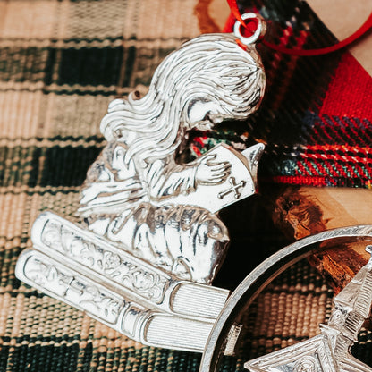 Pewter Girl Reading Bible Ornament