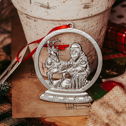 Pewter Santa and Reindeer Snow Globe Christmas Ornament