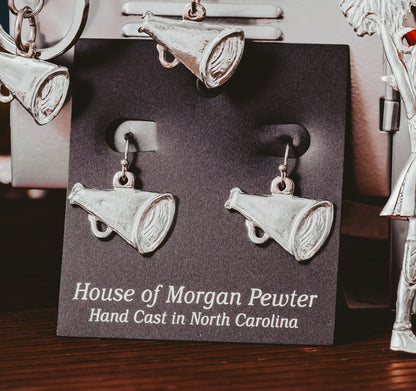 Megaphone-shaped earrings on a display card with 'House of Morgan Pewter' branding.