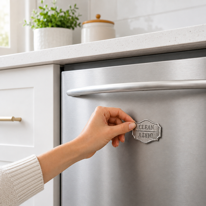 Hand turning a dial on a dishwasher with a 'Clean' or 'Dirty' label, set against a kitchen background.