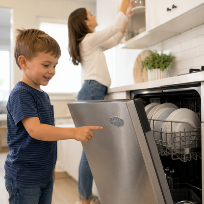 child using clean dirty magnet on dishwasher for chores