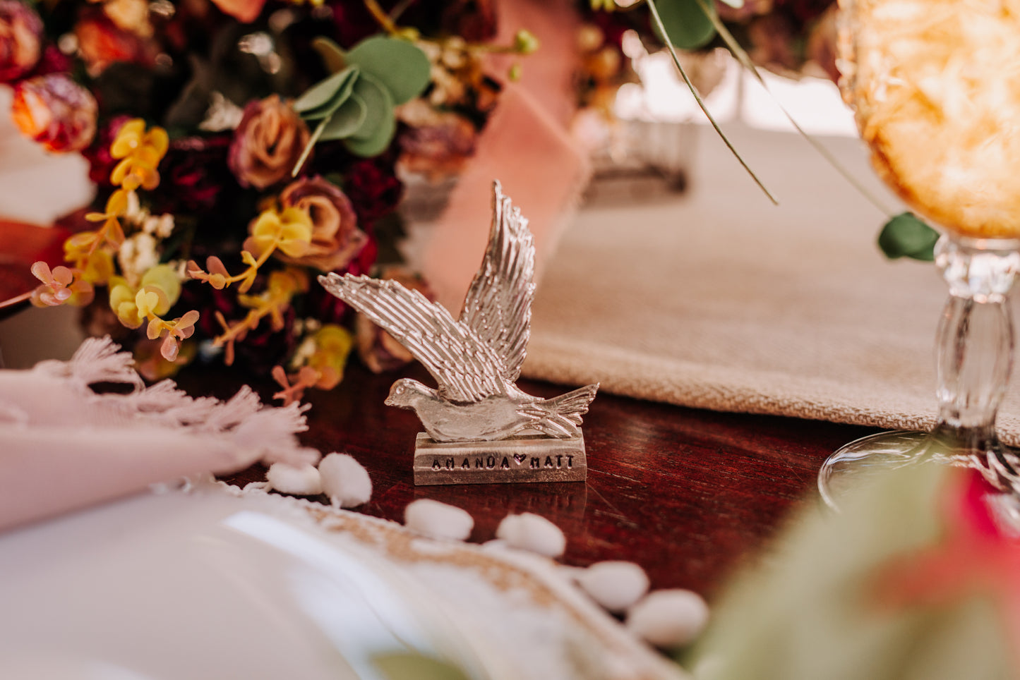 Personalized Handmade Pewter Wedding Party Favors Bulk - Metal Flying Dove Place Marker Holder