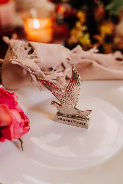 Personalized Handmade Pewter Wedding Party Favors Bulk - Metal Flying Dove Place Marker Holder