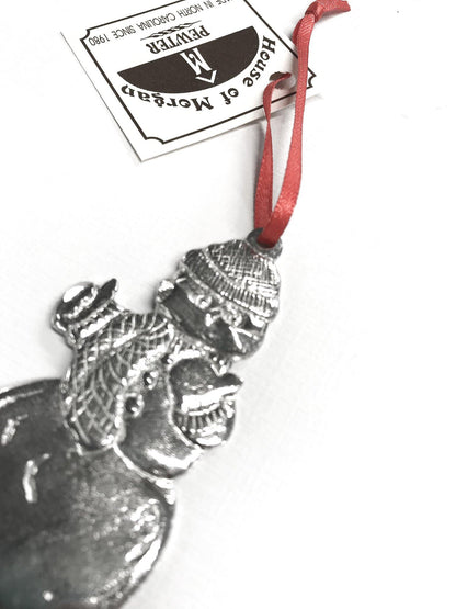 Handmade Face Mask Wearing Snowman Christmas Ornament Pewter - House of Morgan Pewter