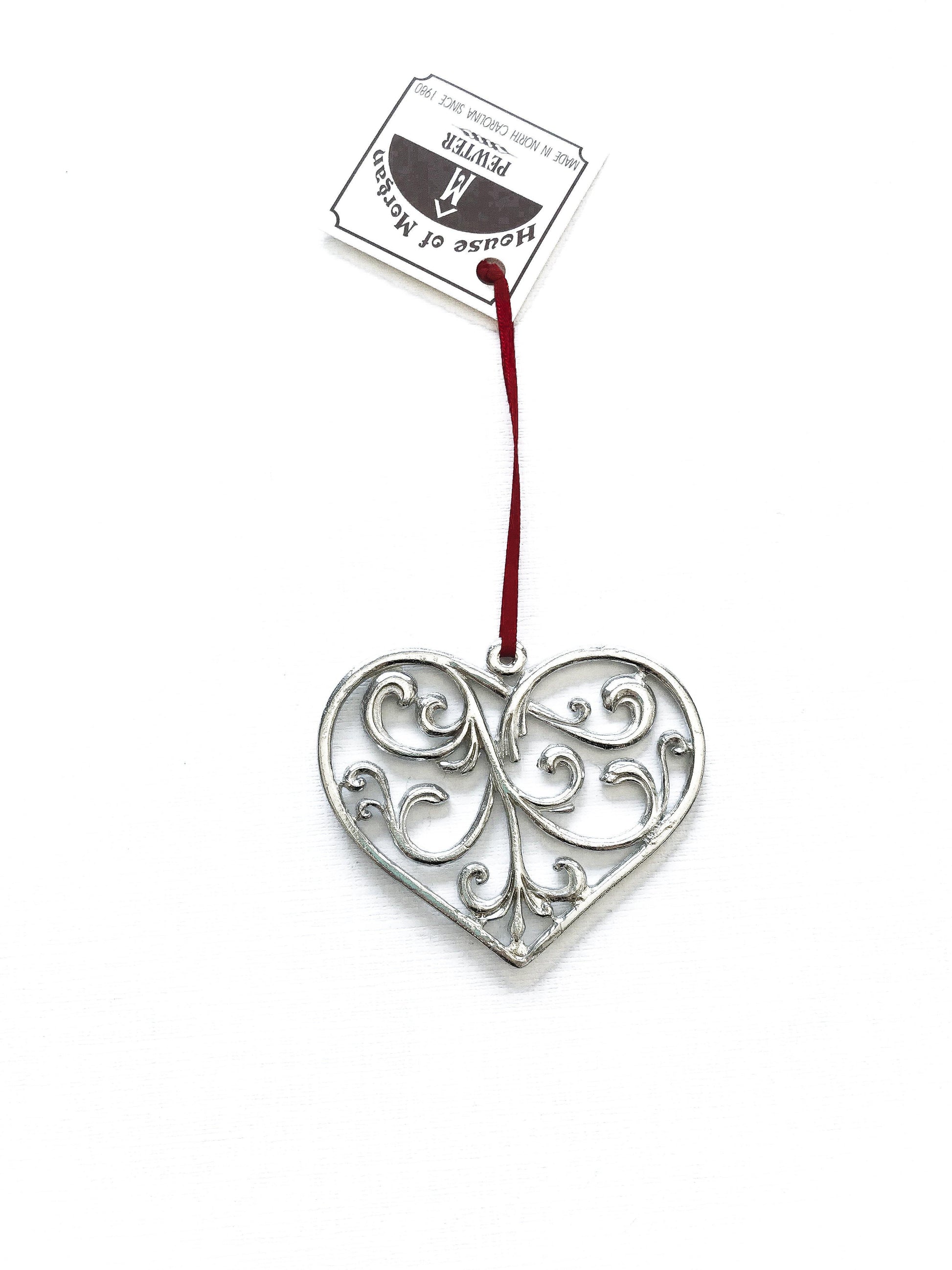 Handmade Elegant Swirly Heart Christmas Ornament Pewter - House of Morgan Pewter