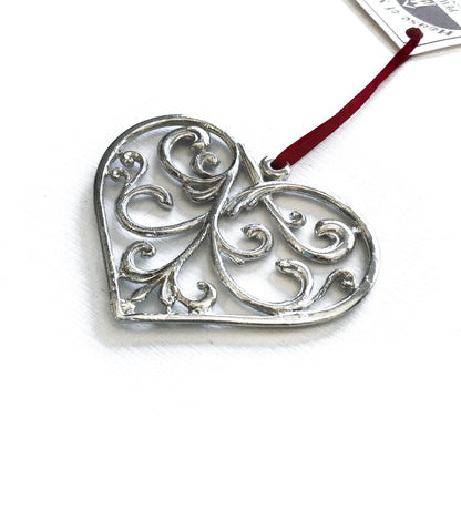 Handmade Elegant Swirly Heart Christmas Ornament Pewter - House of Morgan Pewter