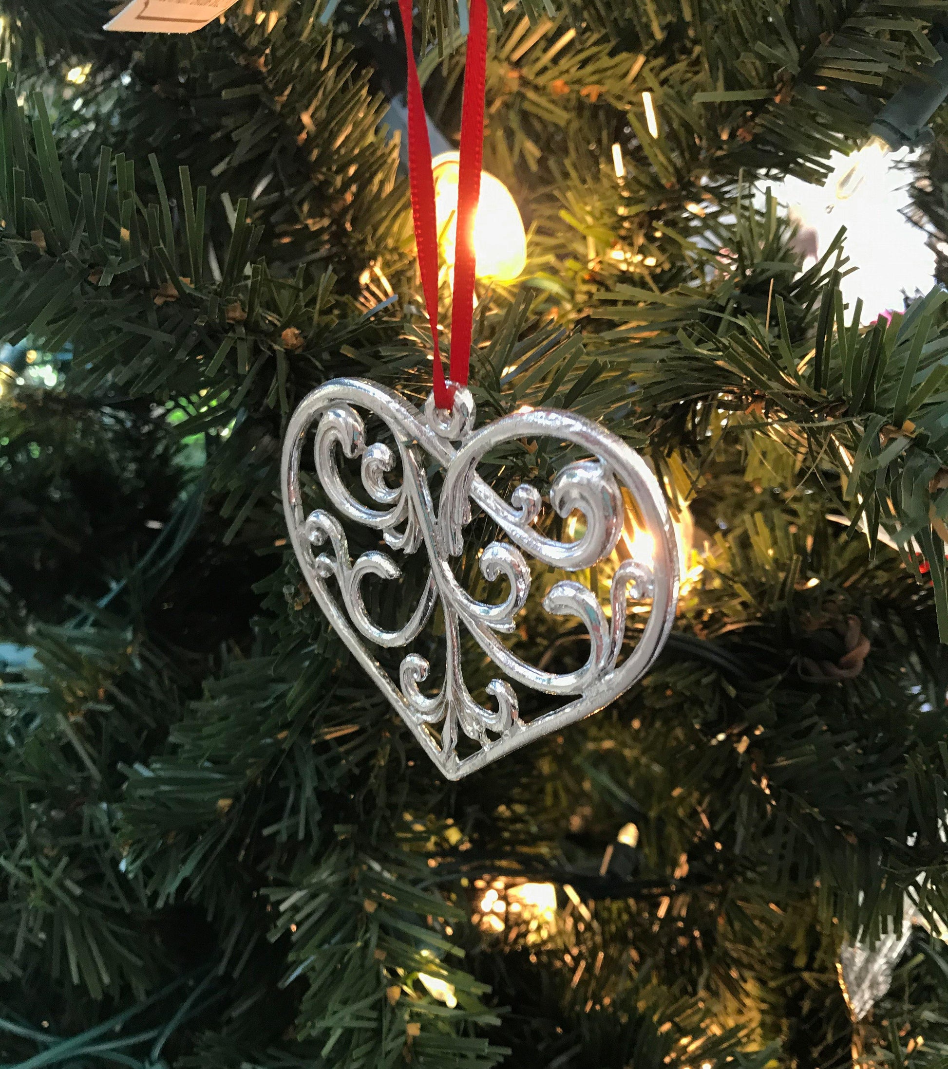 Handmade Elegant Swirly Heart Christmas Ornament Pewter - House of Morgan Pewter