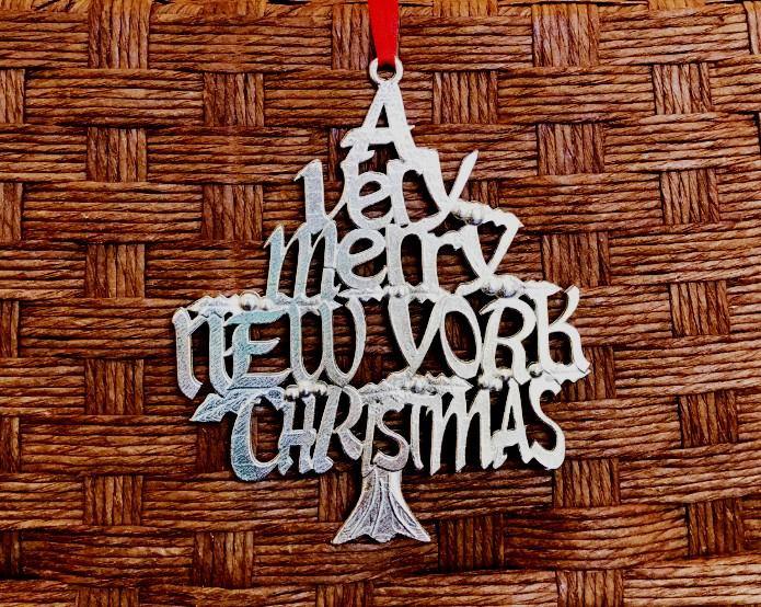 A Very Merry New York NY Christmas Holiday Ornament Keepsake Pewter - House of Morgan Pewter