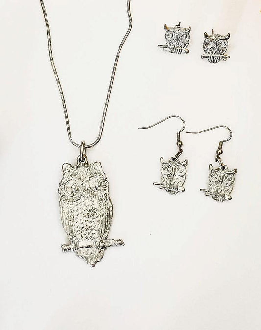 Handmade owl perching pewter jewelry