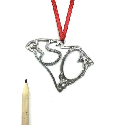 South Carolina SC Holly State Outline Keepsake Christmas Holiday Ornament Pewter