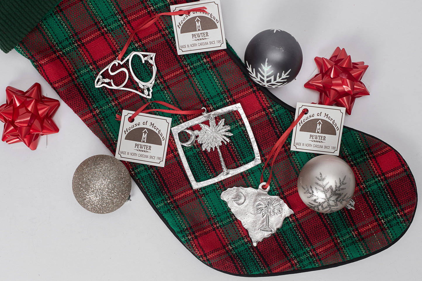 South Carolina Gift Set - SC State Flag Christmas Ornaments Pewter