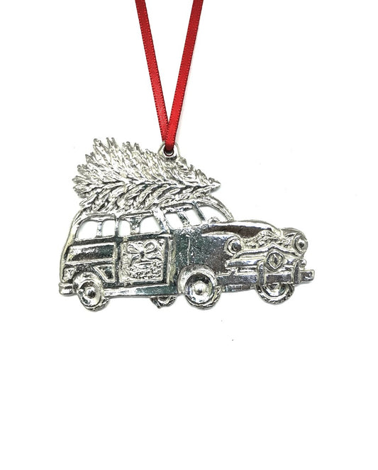 Woodie Wagon Christmas Tree Winter Wonderland Christmas Holiday Ornament Pewter - House of Morgan Pewter